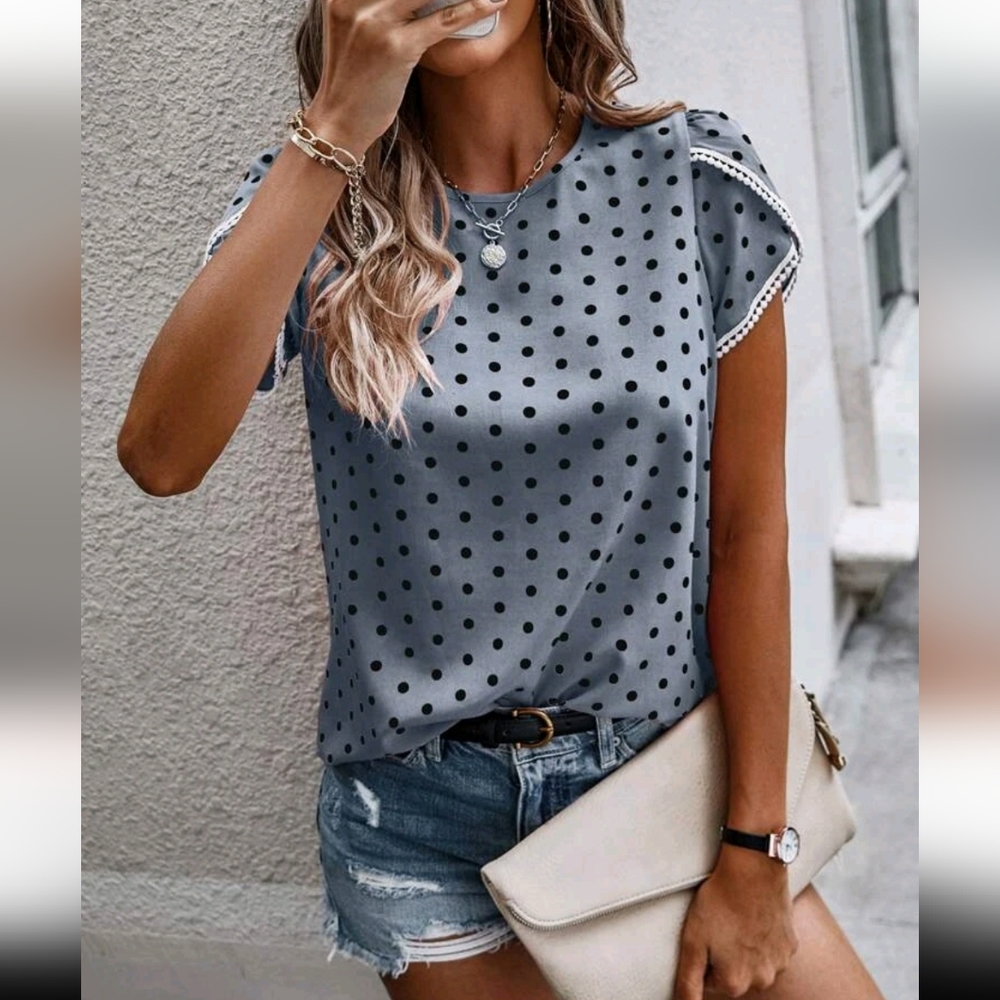 Polka Dot Print Guipure Lace Trim Petal Sleeve Blouse